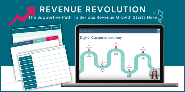 Screenshot of the Revenue Revolution course on a laptop screen and worksheets shown on the left