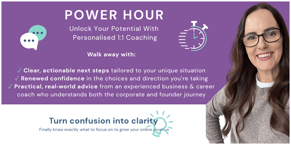 Profile photo of Sonia Lamb wearing a blue jumper and black glasses smiling, with the text Power Hour: Unlock Your Potential With Personalised 1:1 Coaching shown on the left
