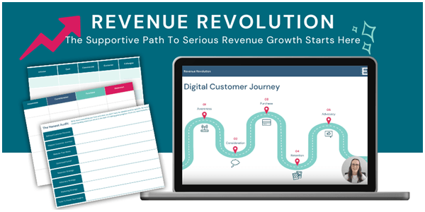 Screenshot of the Revenue Revolution course on a laptop screen with worksheets shown on the left