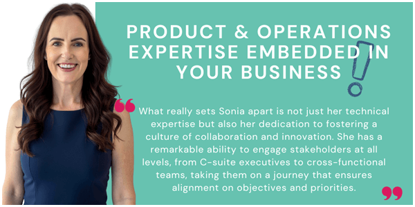 Ecommerce Consultant, Sonia Lamb, wearing a blue sleeveless dress, with long wavy brown hair, smiling at the camera with a testamonial shown on the right