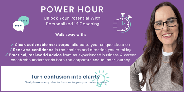 Photo of Sonia Lamb wearing a brown jumper and black glasses, smiling at the camera with text to the left showing Power Hour: Unlock Your Potential With Personalised 1:1 Coaching
