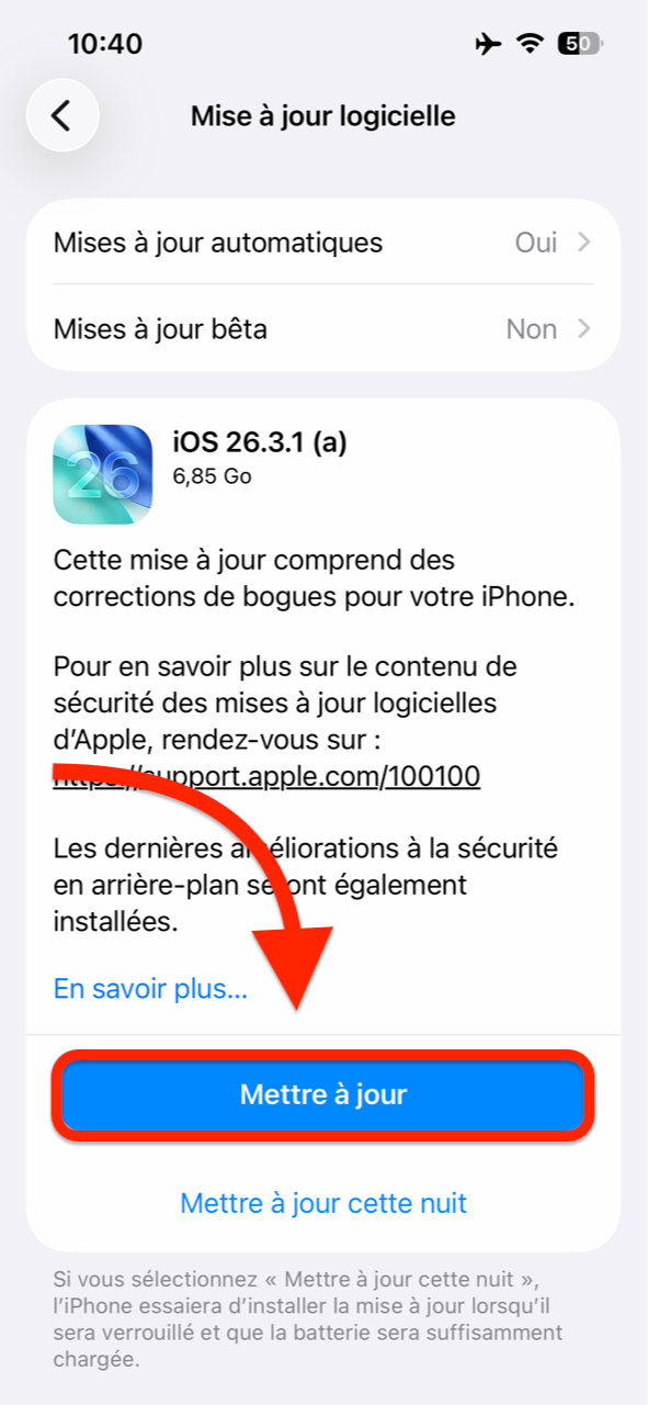 Écran de mise à jour disponible