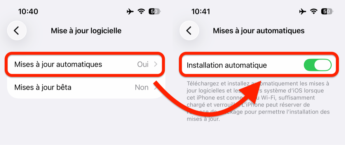 Mises à jour automatiques dans Réglages