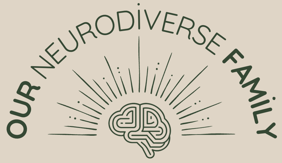 Our Neurodiverse Family logo - forest green title arched over brain