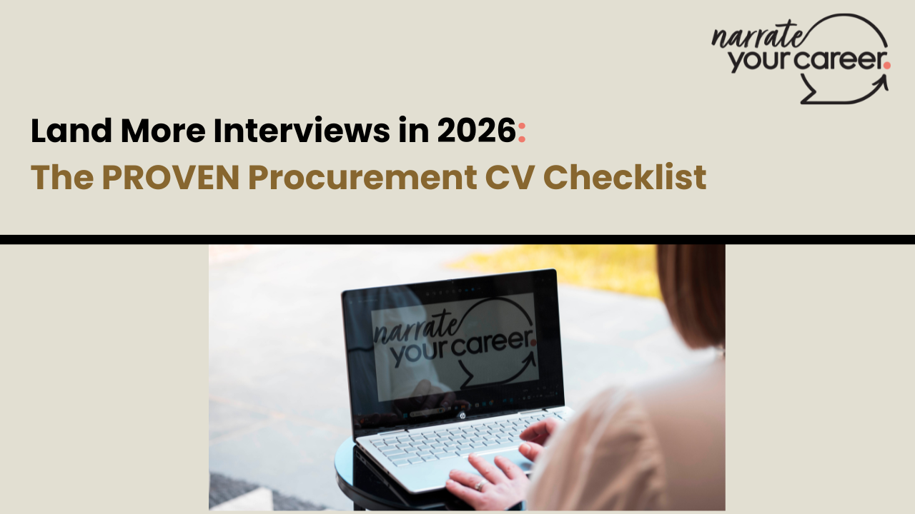 Narrate Your Career promotional banner for “Land More Interviews in 2025: The Proven Procurement CV Checklist” with tagline “Your story matters. Let’s shape your next chapter” and image of woman viewing brand logo on laptop.