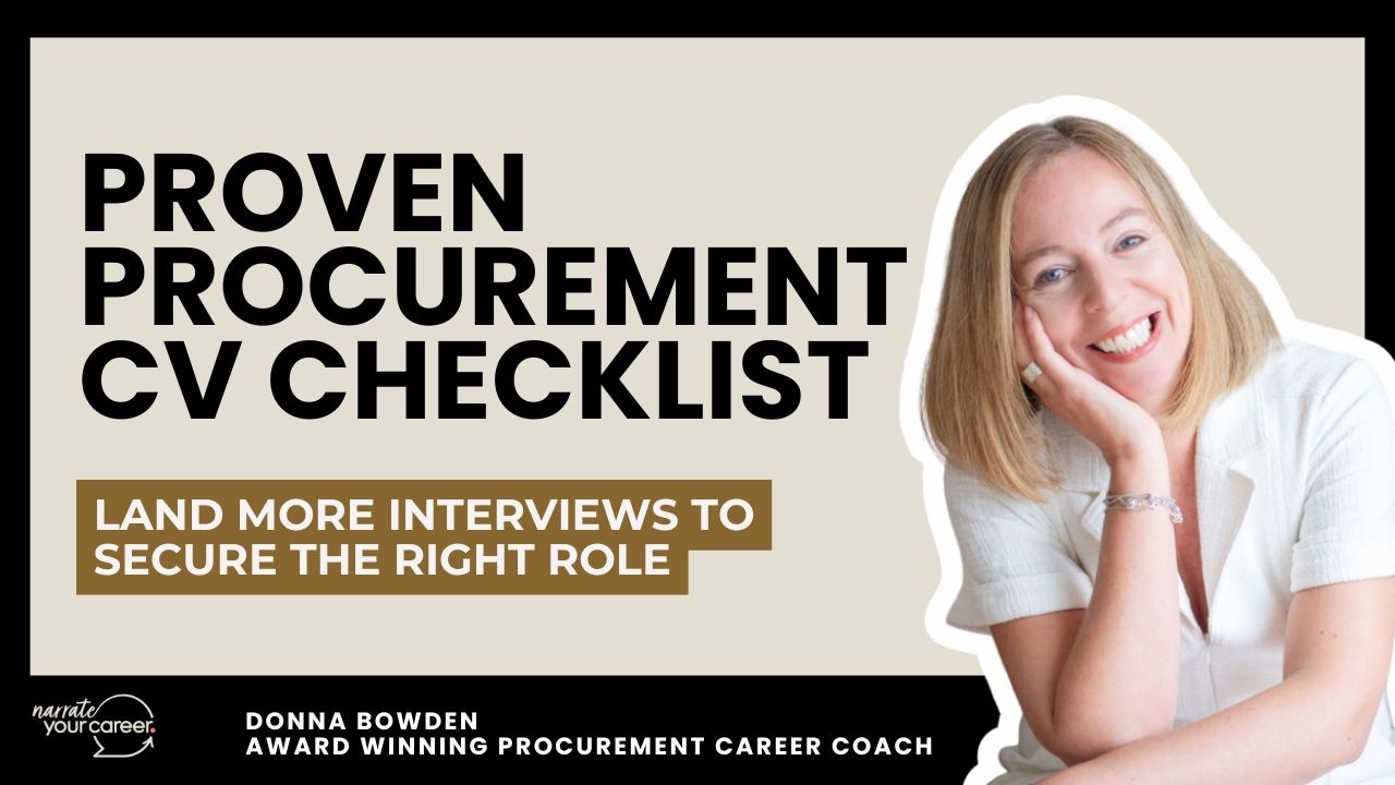 Narrate Your Career promotional banner for “Land More Interviews in 2025: The Proven Procurement CV Checklist” with tagline “Your story matters. Let’s shape your next chapter” and image of woman viewing brand logo on laptop.