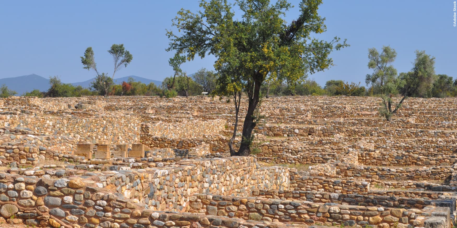 de ruines van Olynthus met bomen bij Chalcidiceiki
