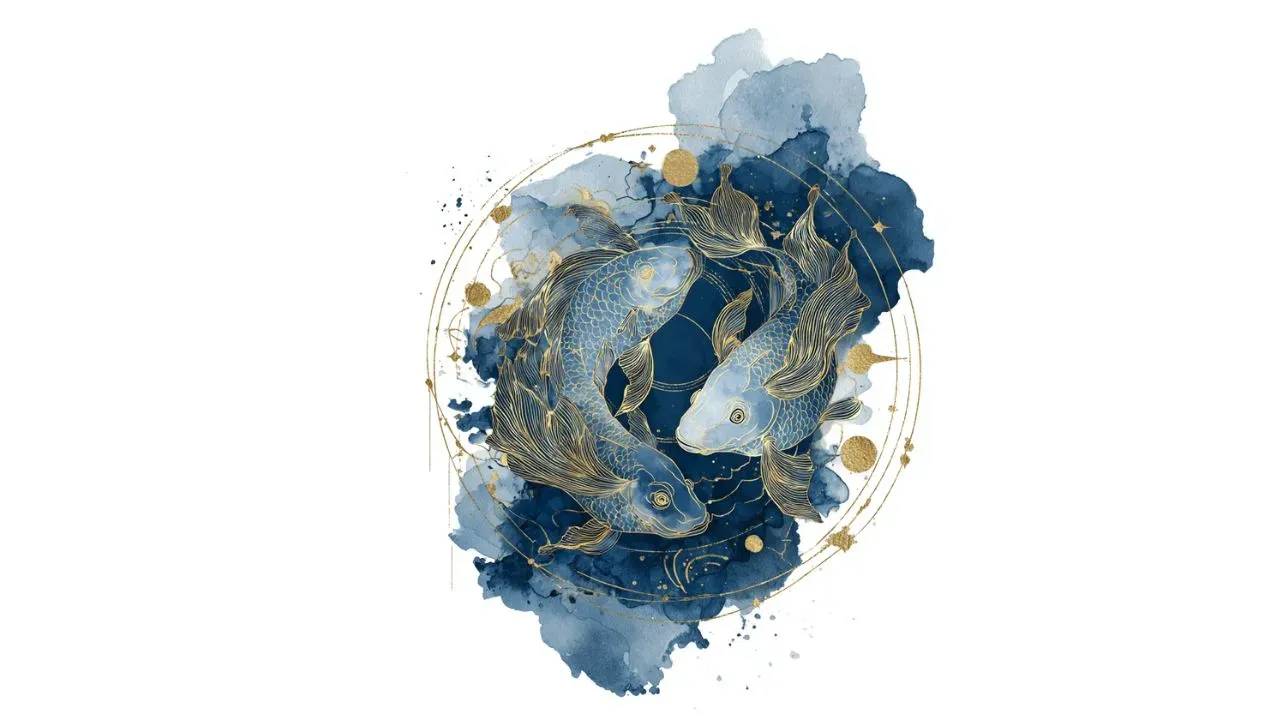 Watercolor illustration of the Pisces zodiac sign, showing twin fish-like symmetry in soft indigo and gold brushwork with the Pisces glyph.