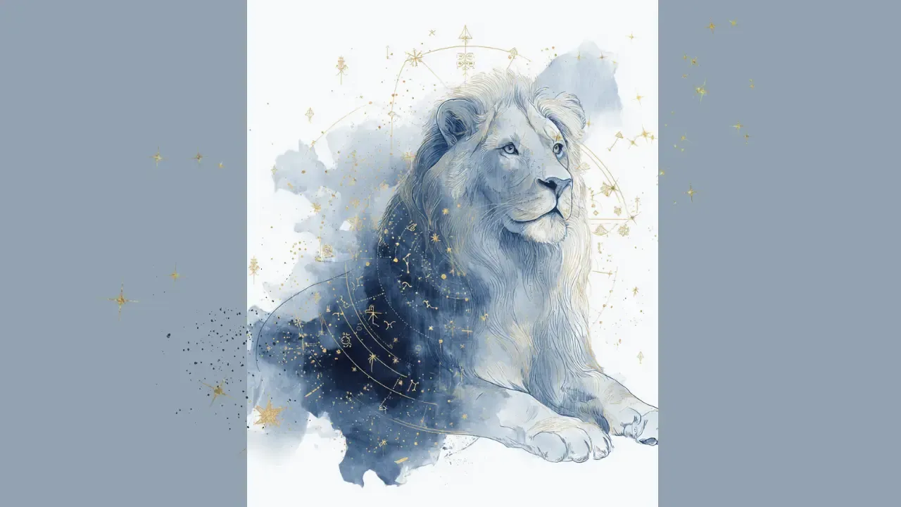 Watercolor illustration of the Leo zodiac sign, featuring radiant gold and navy cosmic motifs with the Leo glyph