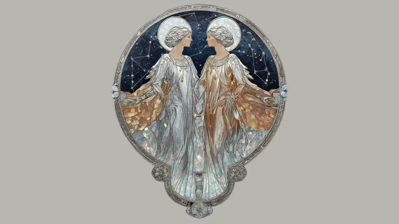 Watercolor illustration of the Gemini zodiac sign, showing twin-like symmetry in blue and gold cosmic patterns with the Gemini glyph.
