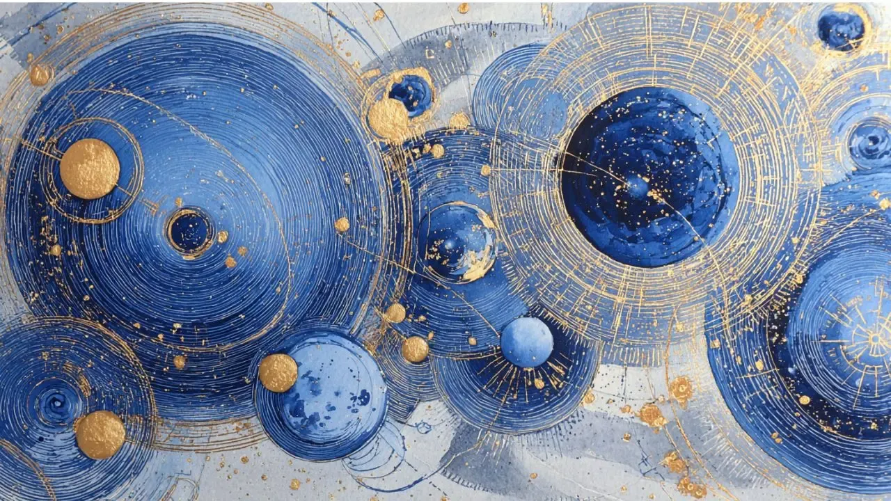 Astrological aspects illustration - planets in orbital relationship shown through celestial geometry in navy and gold