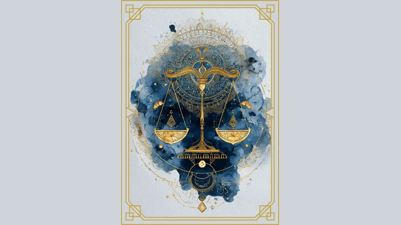 Watercolor illustration of the Libra zodiac sign, with balanced celestial patterns in indigo and gold and the Libra glyph.