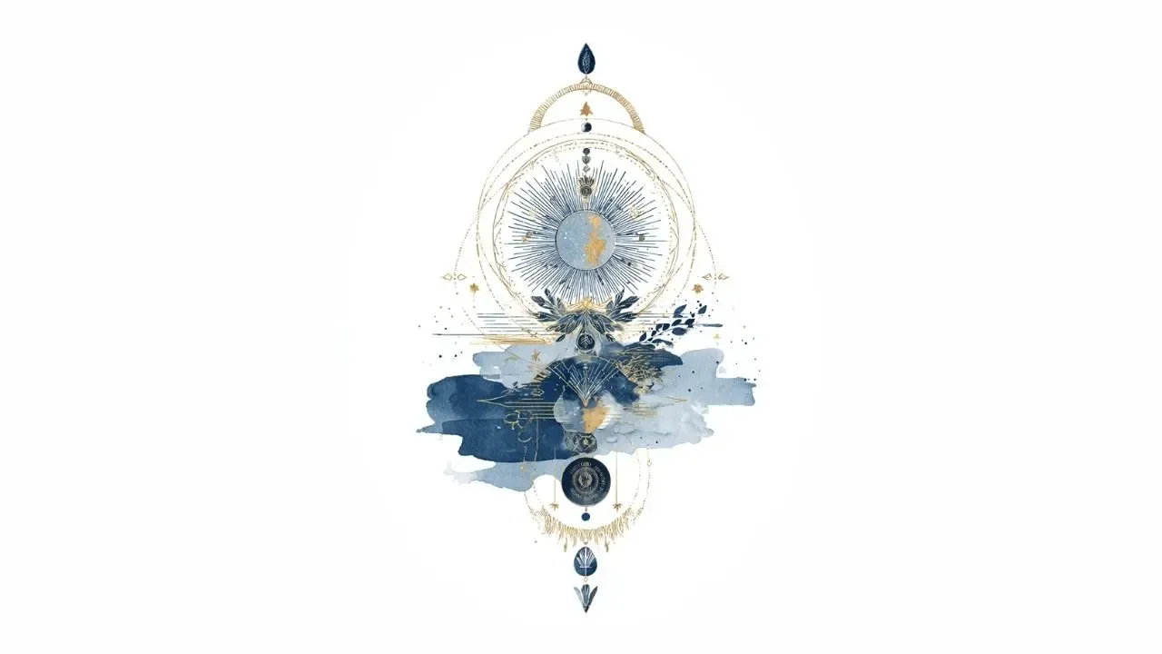 Sacred geometry illustration of the 12 astrological houses with navy blue mountain, gold celestial symbols, and cosmic watercolor elements