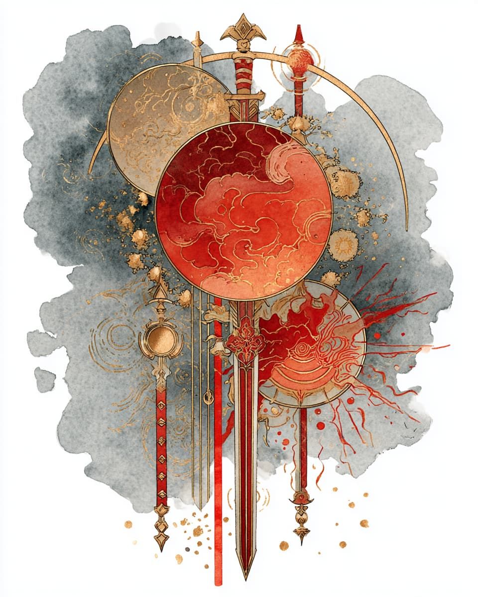 watercolor version of mars the red planet with gold highlights