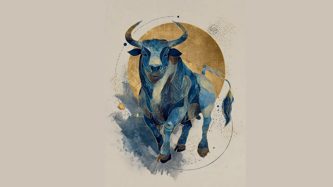 Watercolor illustration of the Taurus zodiac sign, with earthy indigo tones, gold detailing, and the Taurus glyph in celestial motifs.
