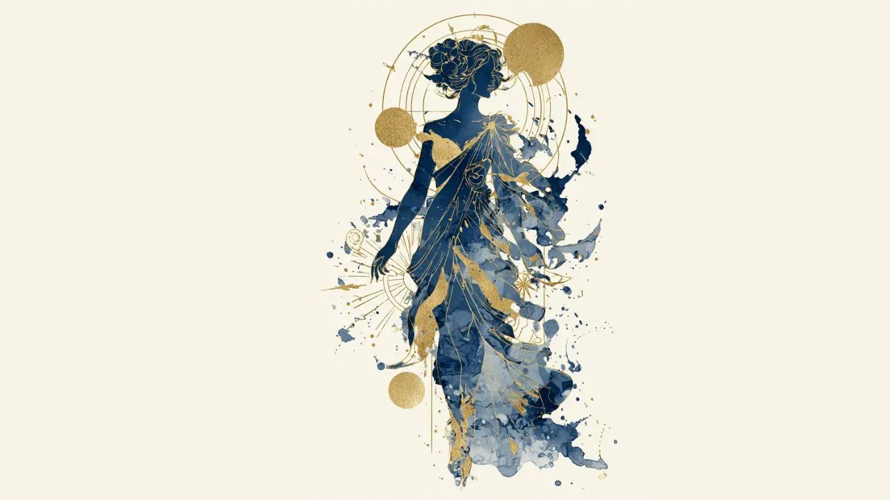 Watercolor illustration of the Virgo zodiac sign, showcasing delicate indigo brushstrokes, gold detailing, and the Virgo glyph.