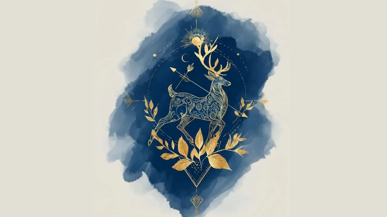 Watercolor illustration of the Sagittarius zodiac sign, showing arrow-like cosmic strokes in blue and gold with the Sagittarius glyph