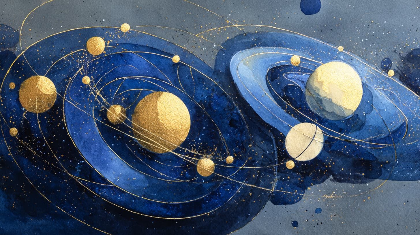Watercolor illustration of the solar system showing planetary orbits in navy blue and gold, representing the ancient energies of astrology's celestial bodies