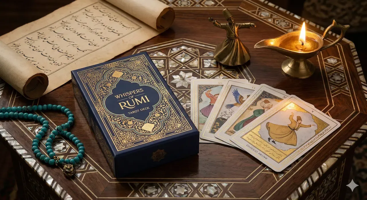 Whispers of Rumi Oracle Deck — navy and gold mystical card design inspired by Rumi’s poetry