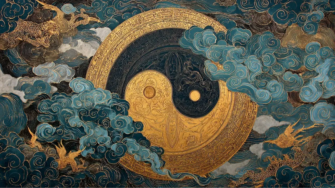 black and gold yin yang in clouds