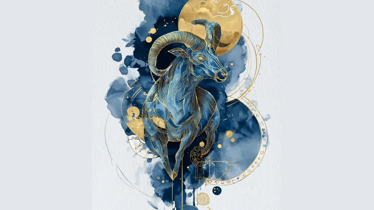 Watercolor illustration of the Capricorn zodiac sign, with structured indigo textures, gold celestial elements, and the Capricorn glyph