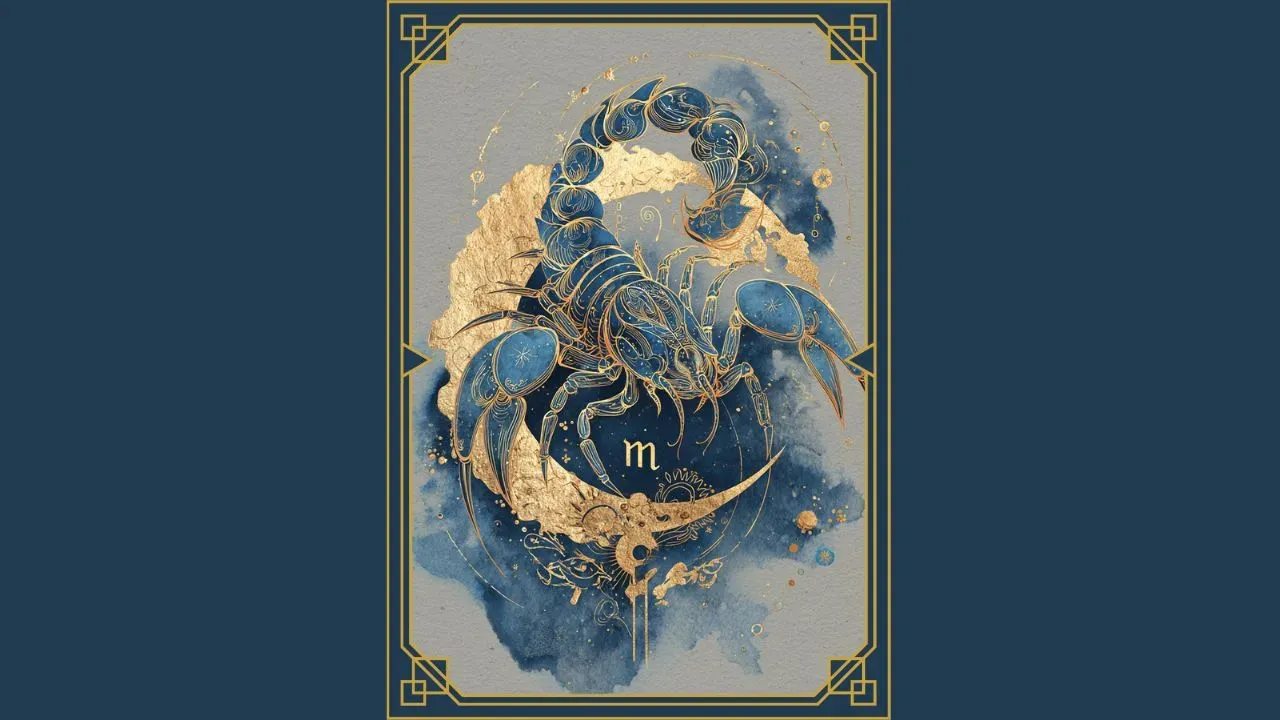 Watercolor illustration of the Scorpio zodiac sign, featuring intense indigo tones, gold accents, and the Scorpio glyph.