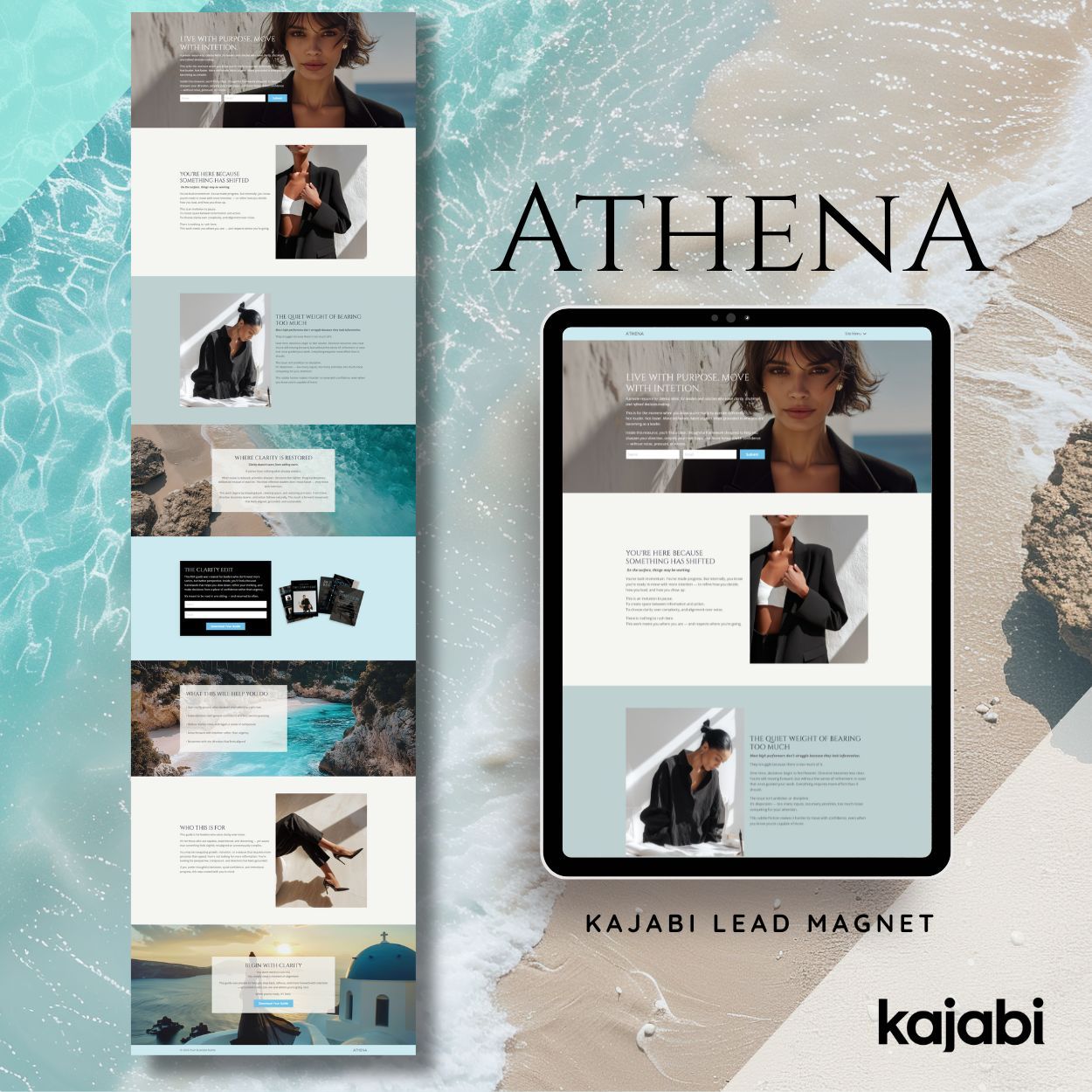 Athena Kajabi sales page template for high-end coaches with coastal editorial design