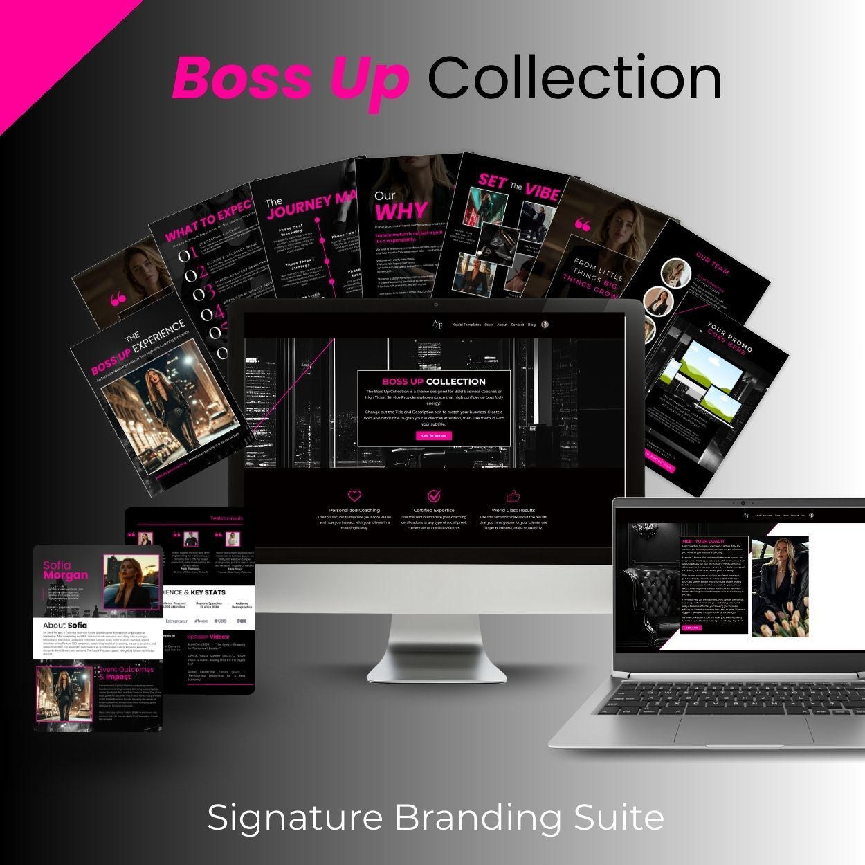 Laptop and Desktop featuring Boss Up Kajabi templates and instructions