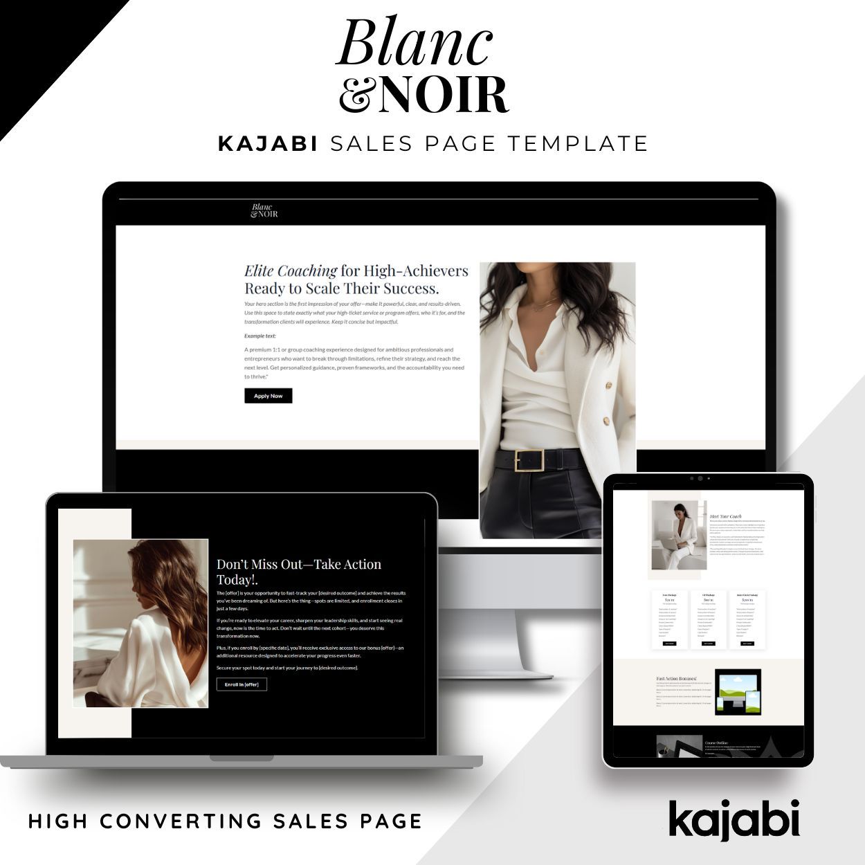Kajabi Sales Page Template in Black & White aesthetic