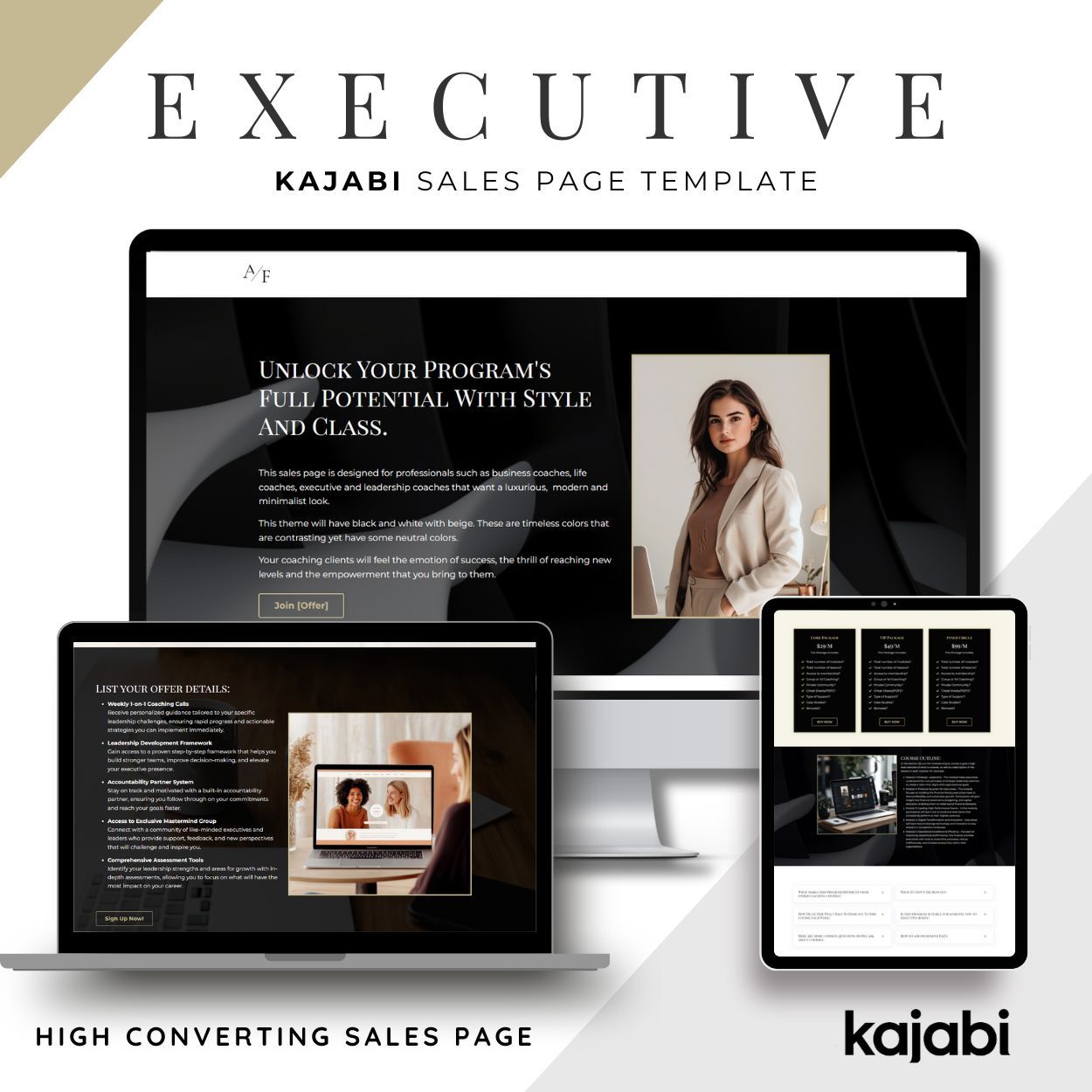 Laptop, desktop and Ipad screen showing the Executive Kajabi Sales Page template