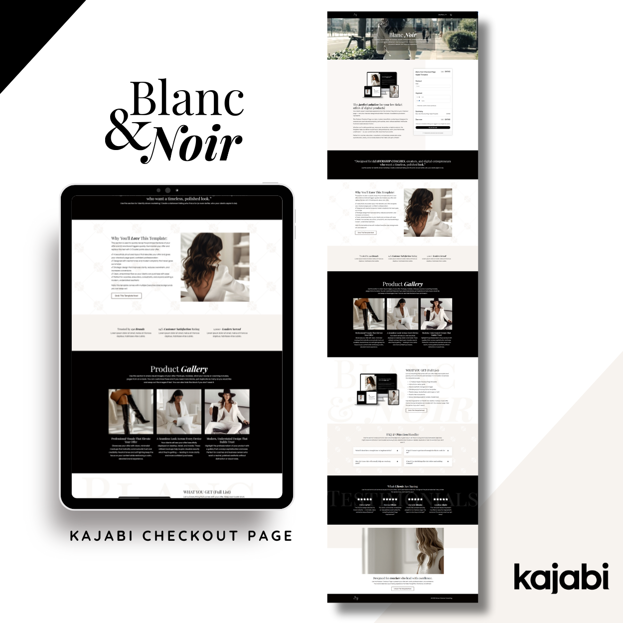 Blanc & Noir Kajabi checkout page template featuring a minimalist black and white editorial design for high-end coaches