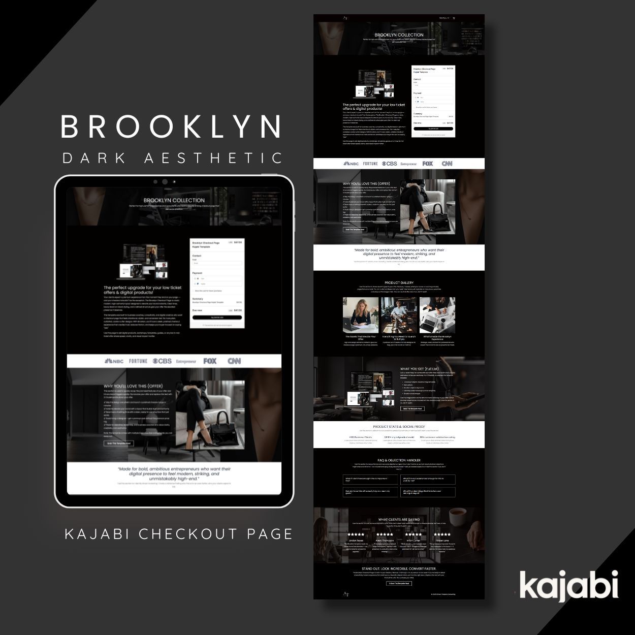 Dark, modern Kajabi checkout page template from the Brooklyn Collection, designed for high-end coaches and digital product creators