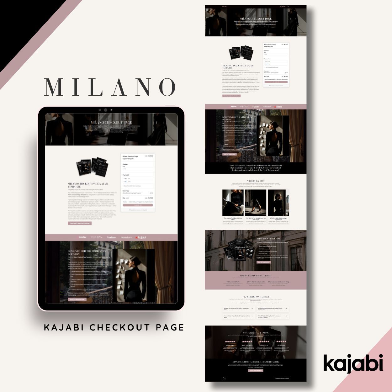 Milano Kajabi Checkout Page Template preview showing high-end luxury checkout design for coaches and digital products