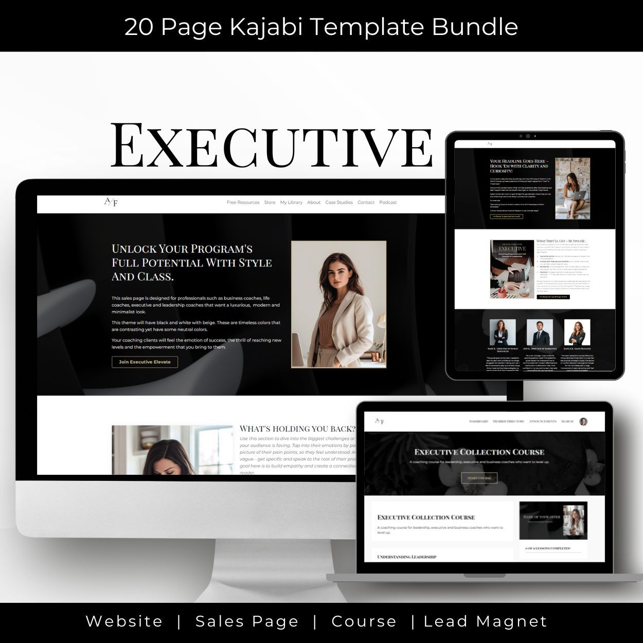 Kajabi website template on a tablet, laptop and desktop monitor. 