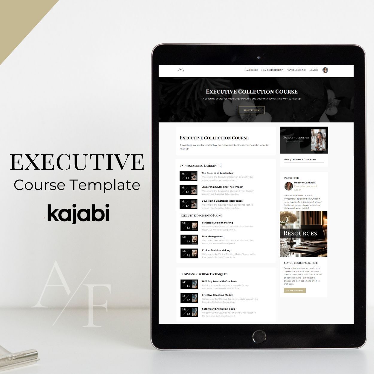 Executive Kajabi Course template displayed on a table that is upright on a desk