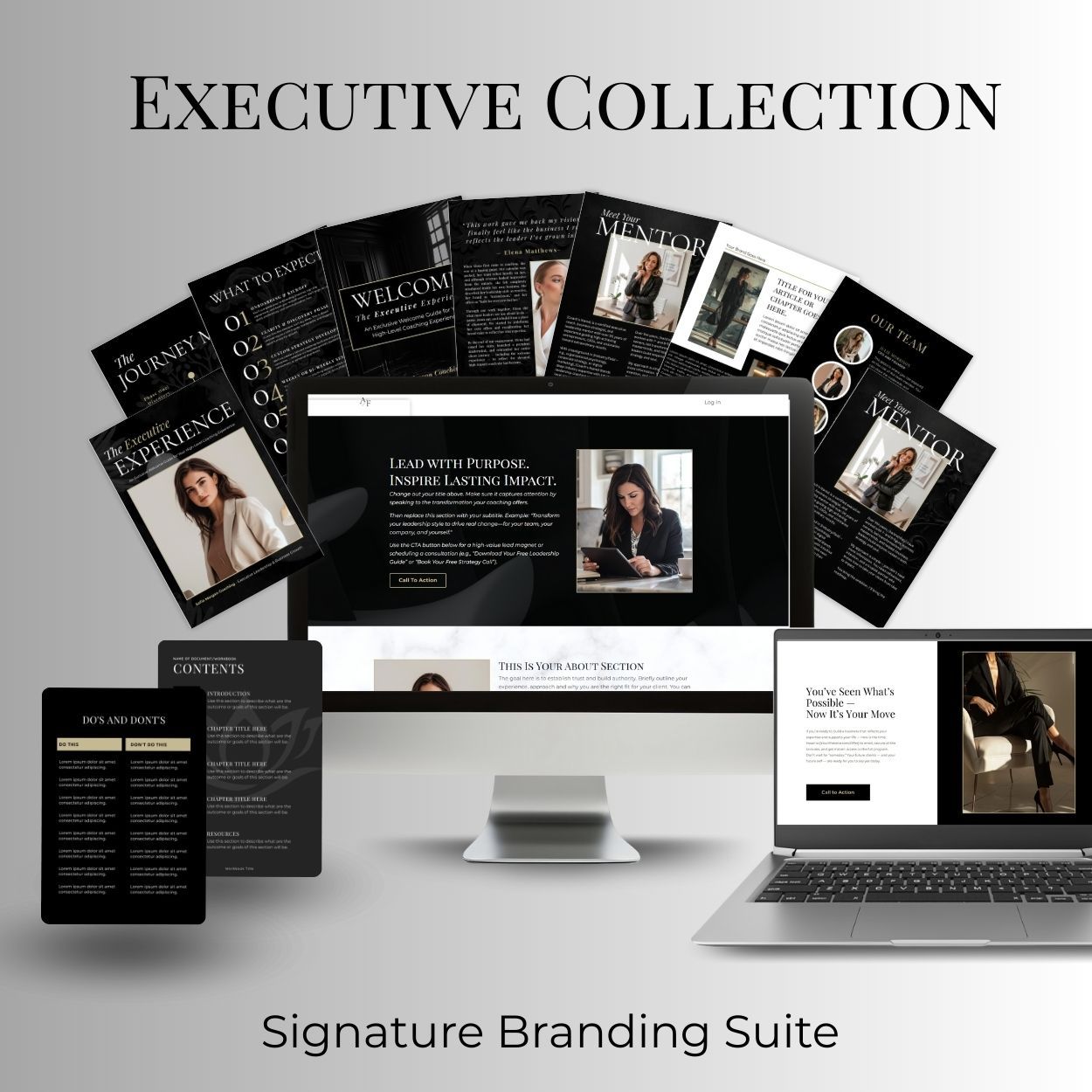 Executive style Kajabi template displayed on laptop with matching documents