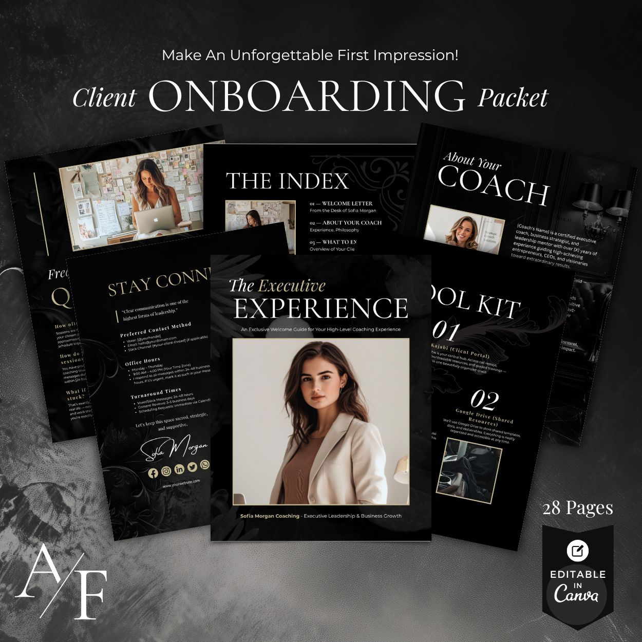 Multiple pages of the Executive Client Onboarding Kit on display