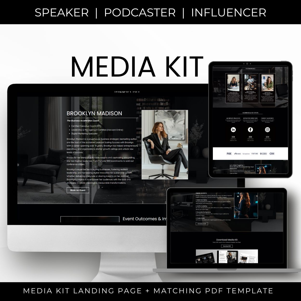 Brooklyn Media Kit Kajabi Template shown on multiple screens
