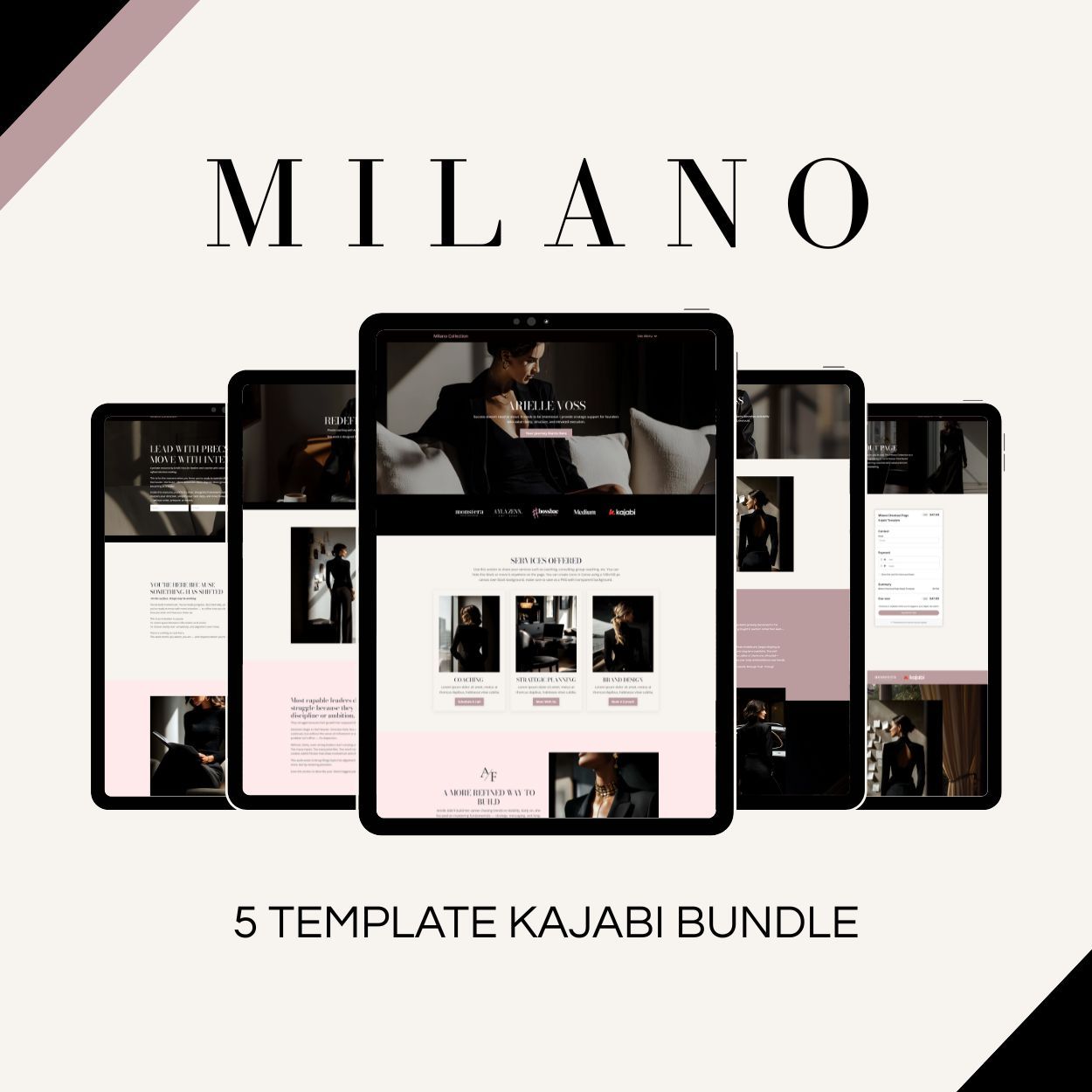 Milano Kajabi Template Bundle preview showing website, sales page, lead magnet, checkout, and course templates