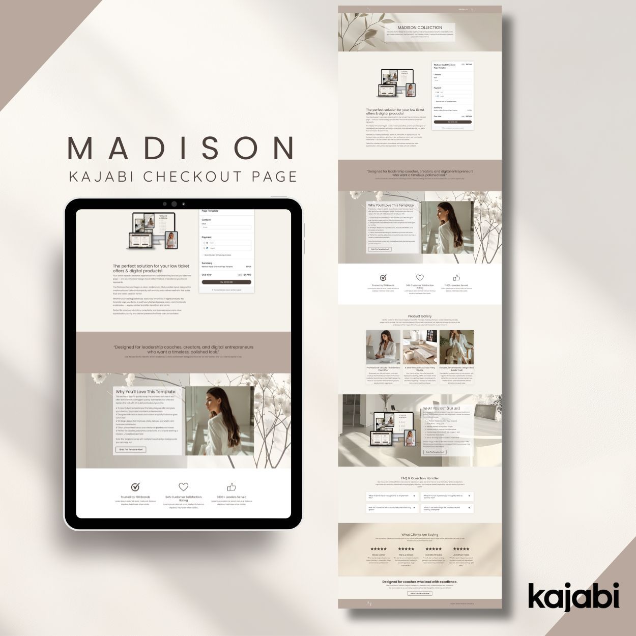 Madison Kajabi checkout page template with timeless black and white design for premium digital products and coaching offers