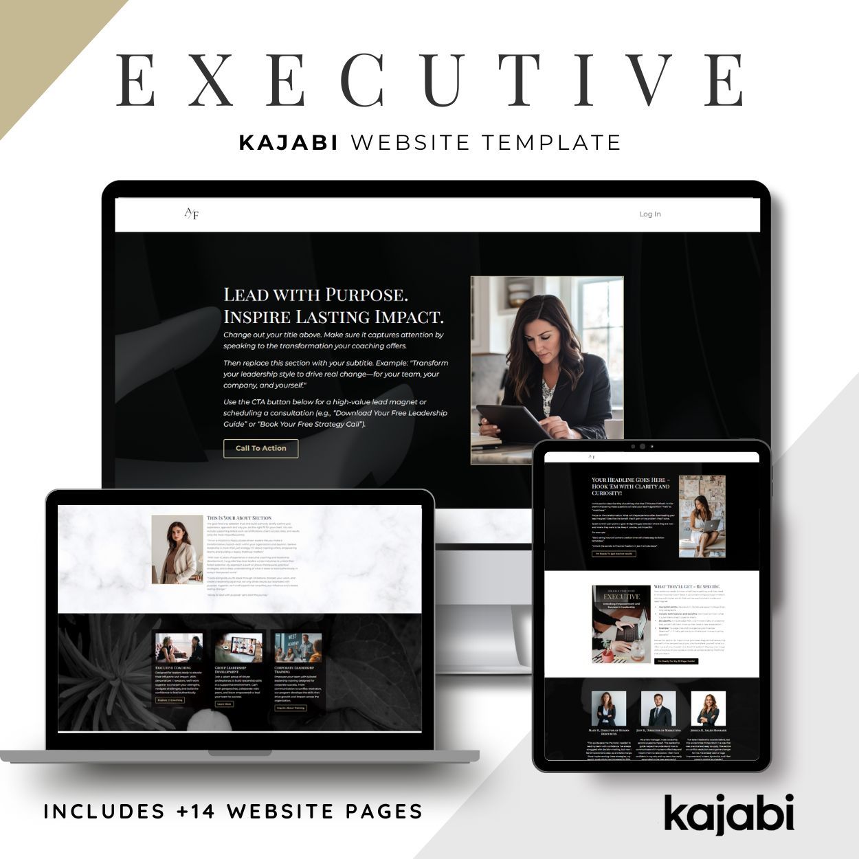 Multiple views of the Kajabi Website template in the Executive style