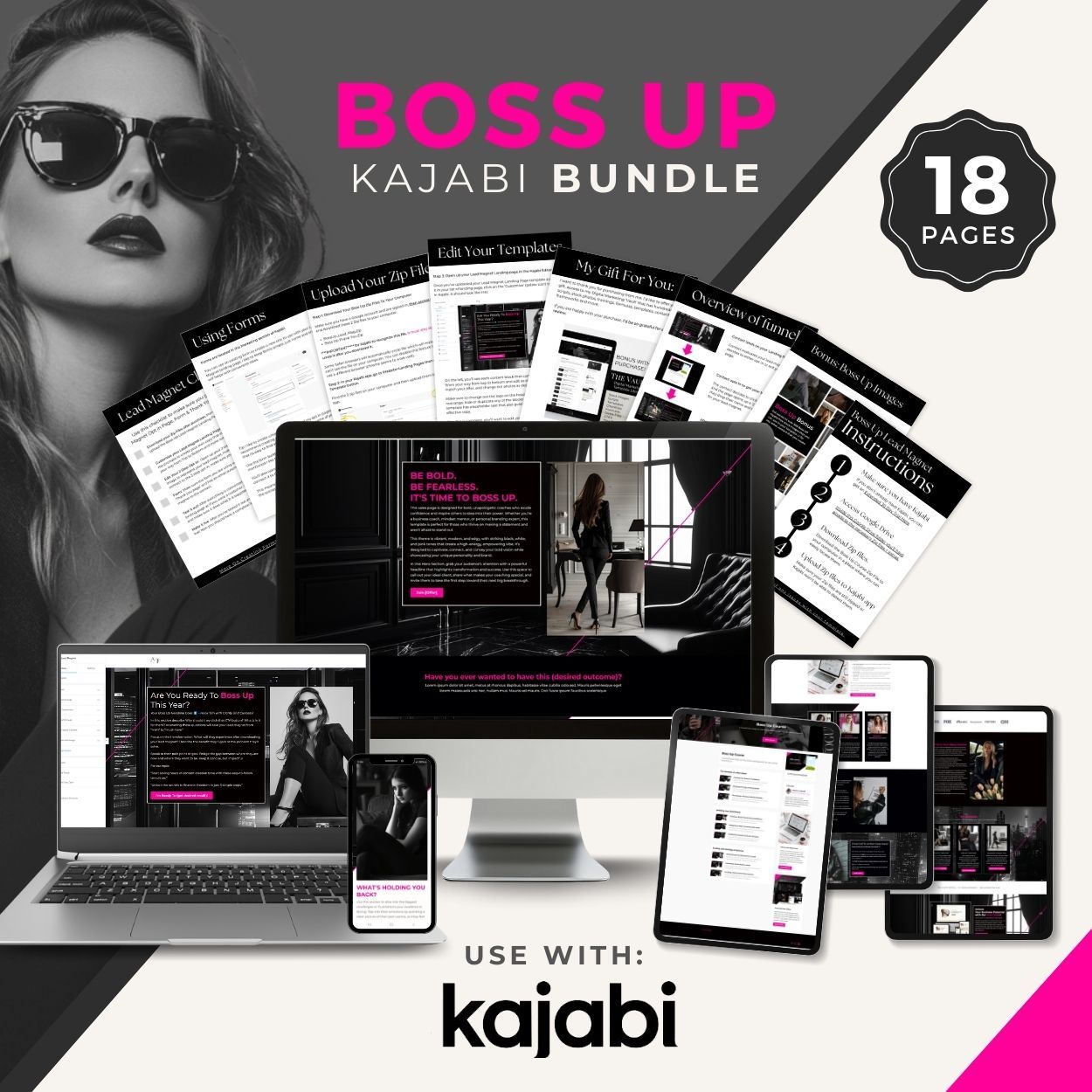 Laptop, Tablet and Desktop displays showing various Boss Up Kajabi Template shots