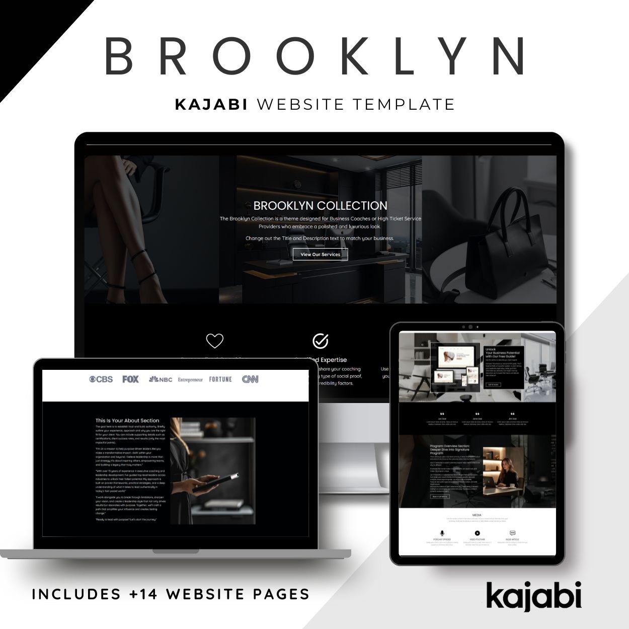 Multiple views of the Brooklyn Kajabi Website Template