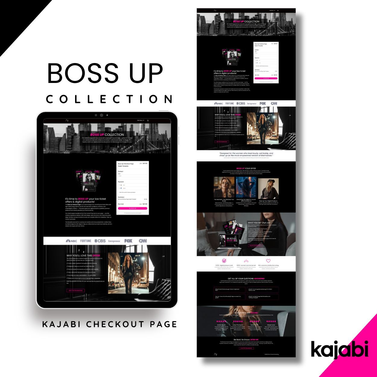 Boss Up Kajabi Checkout Page Template shown on a tablet as well as screenshot of full page