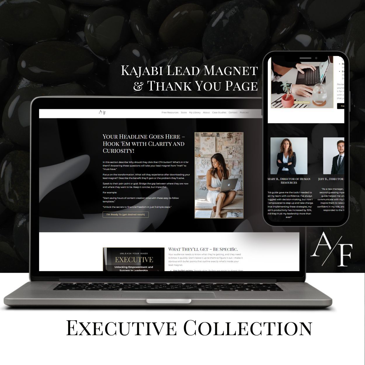 Kajabi lead magnet landing page template displayed on a laptop and phone