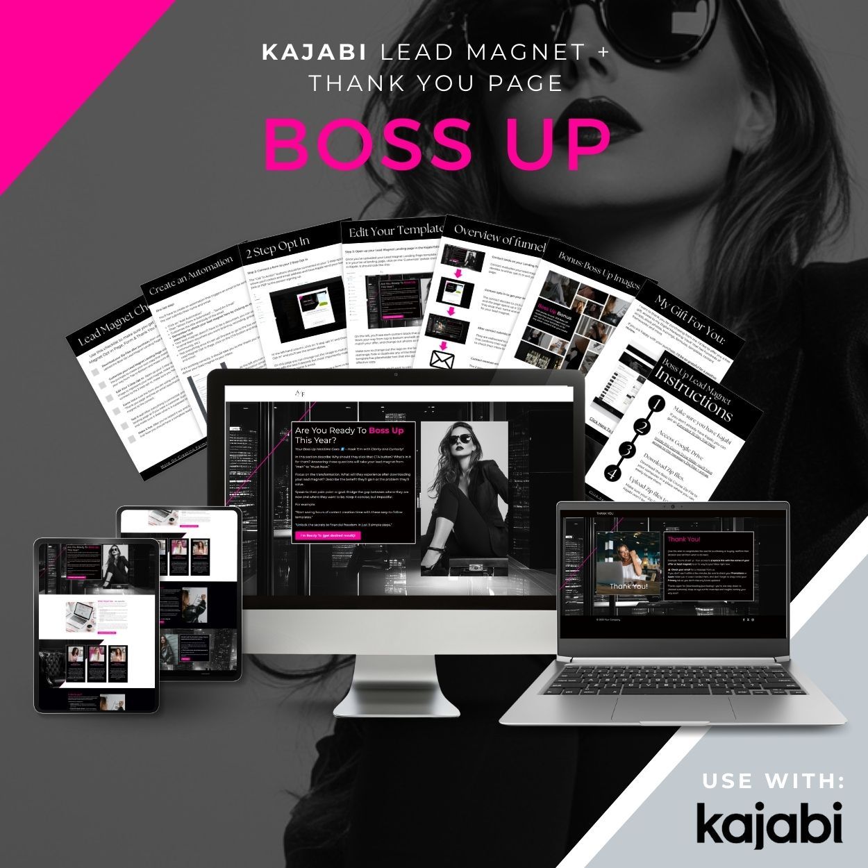 Boss Up Kajabi landing page template showcasing a bold, feminine luxury design for coaches and entrepreneurs
