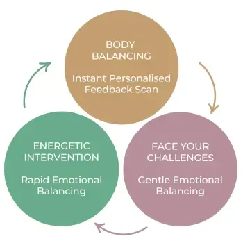 Bioresonance therapy programs graphics showing 3 main programs; body balancing, face your challenges and energetic intervention