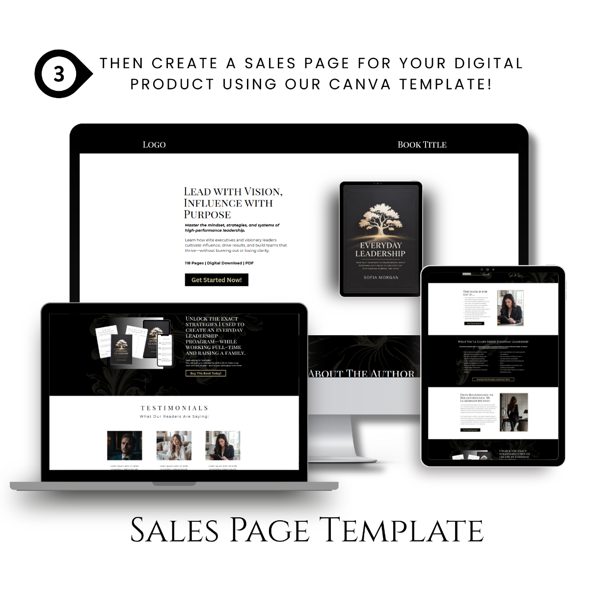 Responsive Canva sales page template mockup displayed on desktop, laptop, and tablet — ideal for promoting digital products and e-books.