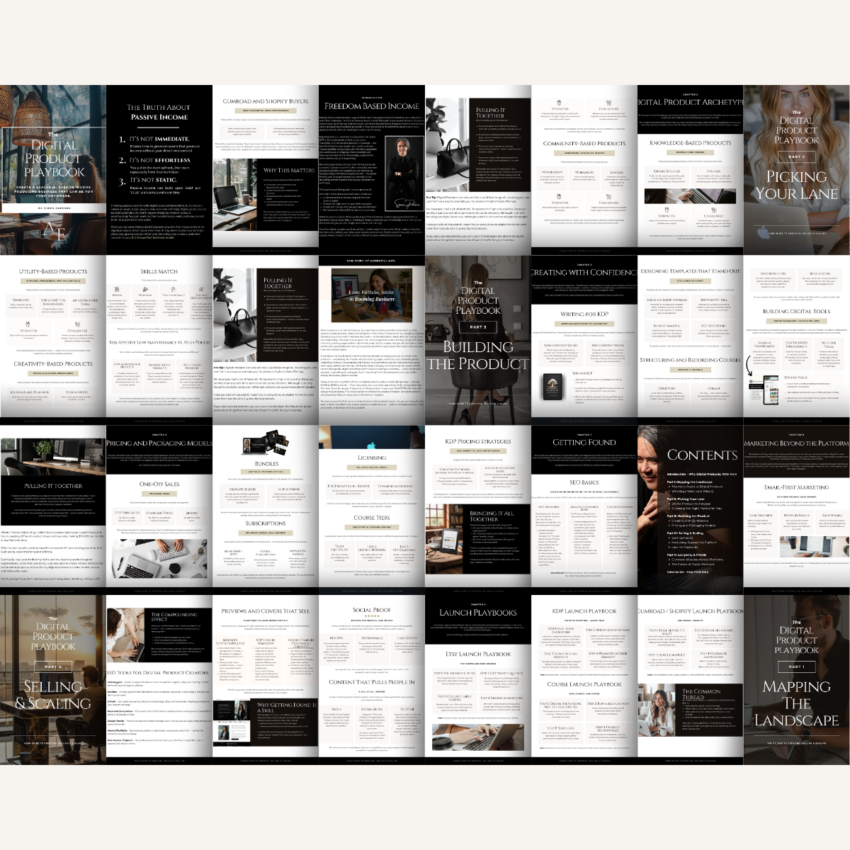 Grid layout showing all 50 pages from the Digital Product Playbook PDF – modern black and white business design for creators and coaches.
