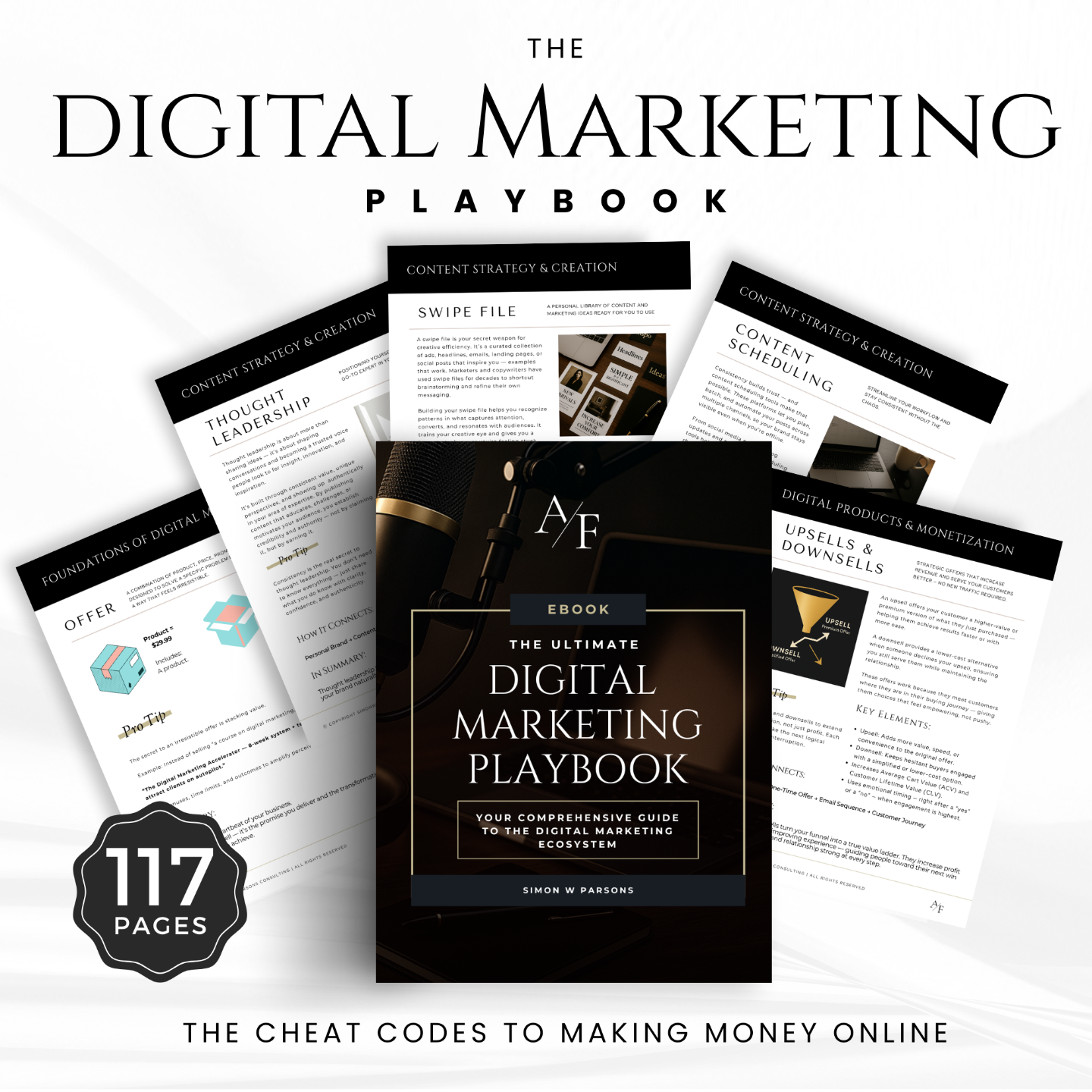 Digital Marketing Playbook eBook mockup showcasing 117-page guide with content strategy, monetization, and funnel creation resources for online coaches and entrepreneurs.